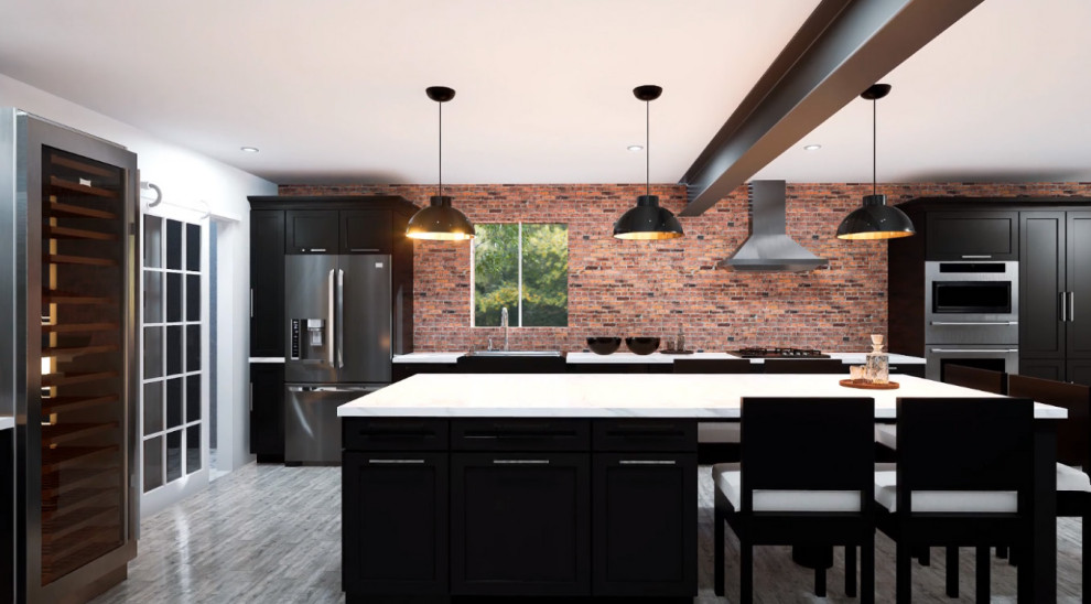 Inspiration for a large industrial galley eat-in kitchen in Miami with a single-bowl sink, shaker cabinets, black cabinets, quartz benchtops, red splashback, brick splashback, stainless steel appliances, with island, grey floor, white benchtop, exposed beam and porcelain floors.