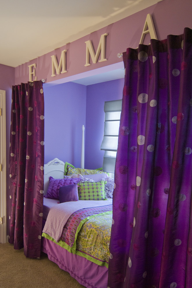Design ideas for a large eclectic kids' bedroom for kids 4-10 years old and girls in Charlotte with purple walls and carpet.