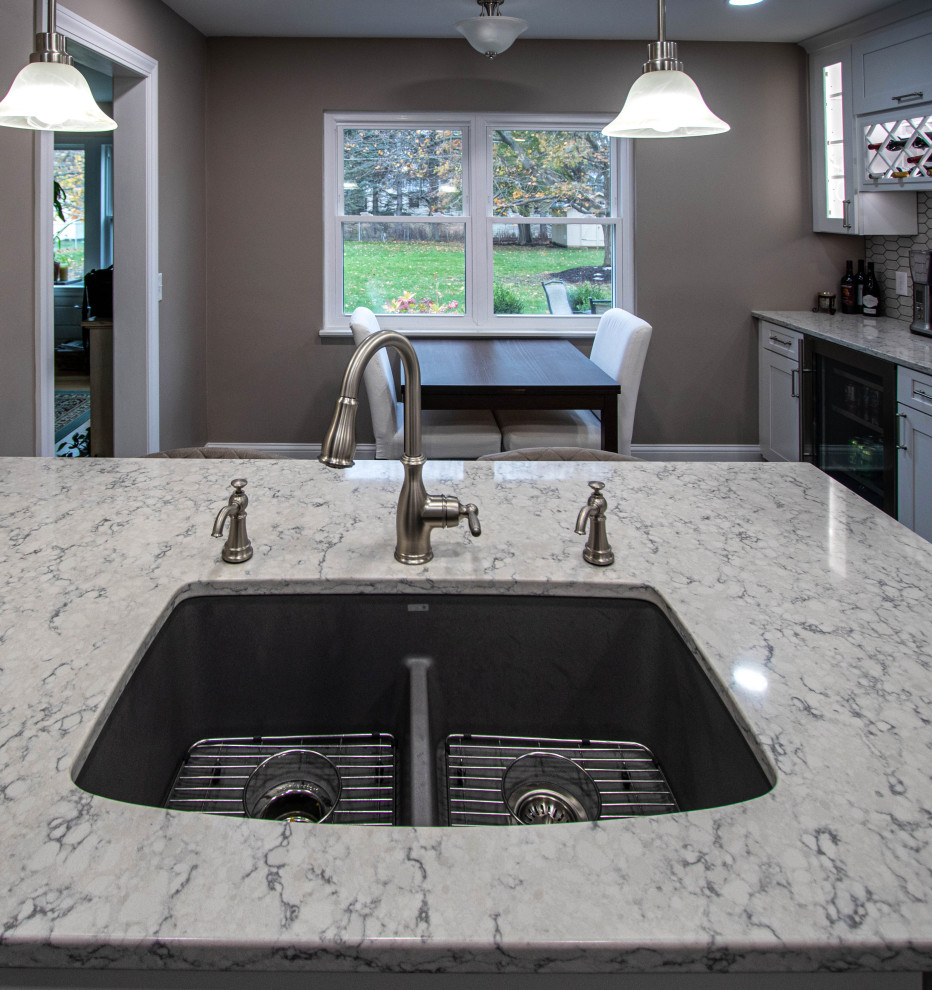 Grey and White Shaker Kitchen with Quartz Countertops and Picket-Style ...