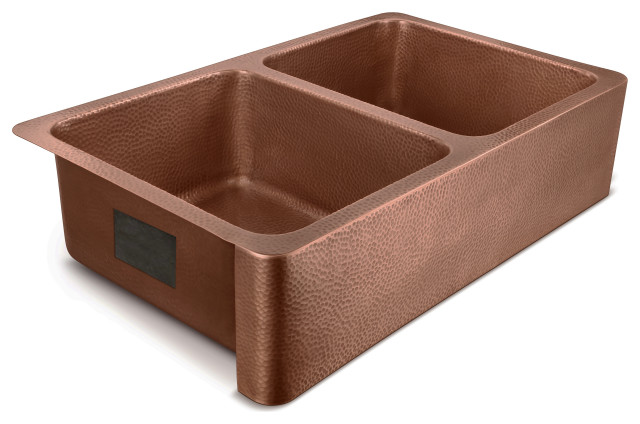 Moran Farmhouse Apron-Front Handmade 36" Double Bowl Sink, Antique Copper