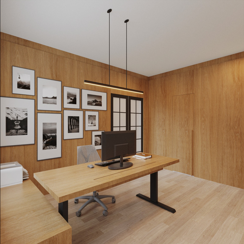 Idéer för att renovera ett mellanstort funkis hemmabibliotek, med vita väggar, ett fristående skrivbord och beiget golv
