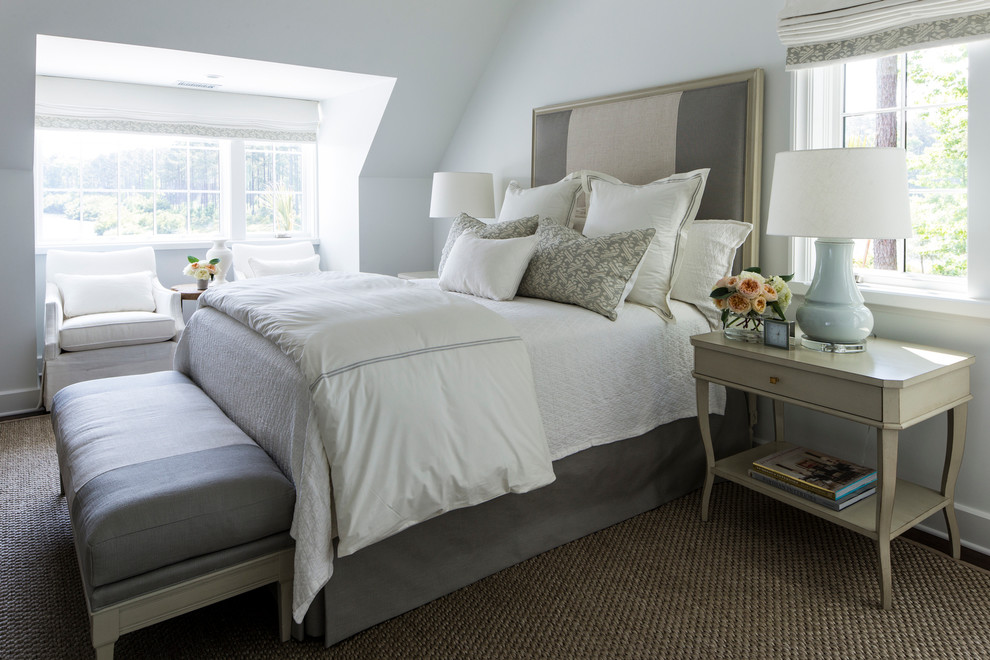Design ideas for a transitional bedroom in Birmingham with white walls and dark hardwood floors.