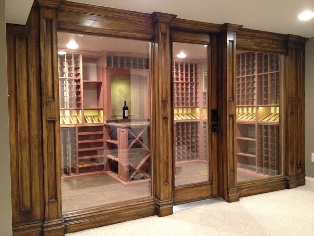 This is an example of a large traditional wine cellar in New York with vinyl floors and diamond bins.