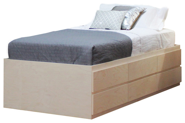 grey twin bed with storage