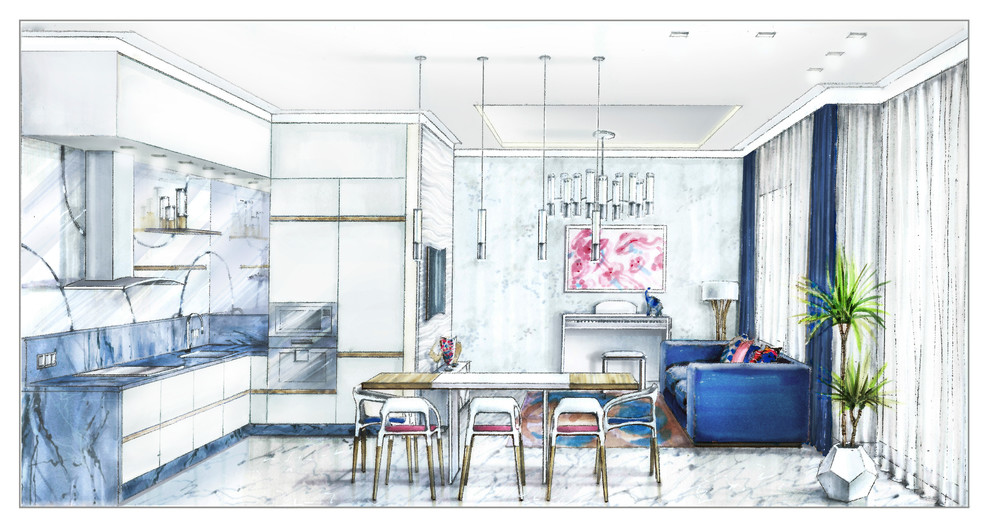 Эскизирование проекта в голубом мраморе, совместно с Ольгой Каминской