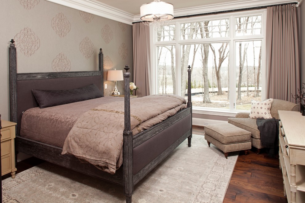 Design ideas for a transitional bedroom in Minneapolis with multi-coloured walls and dark hardwood floors.