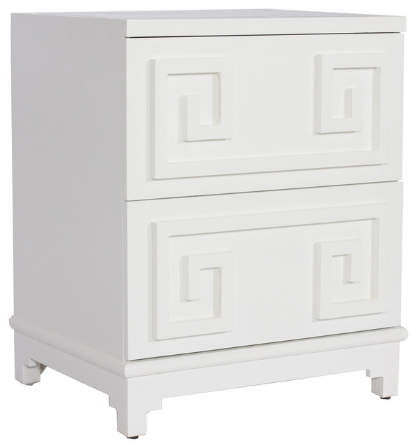 Lucio Hollywood Regency Greek White Lacquer Mirror Nightstand