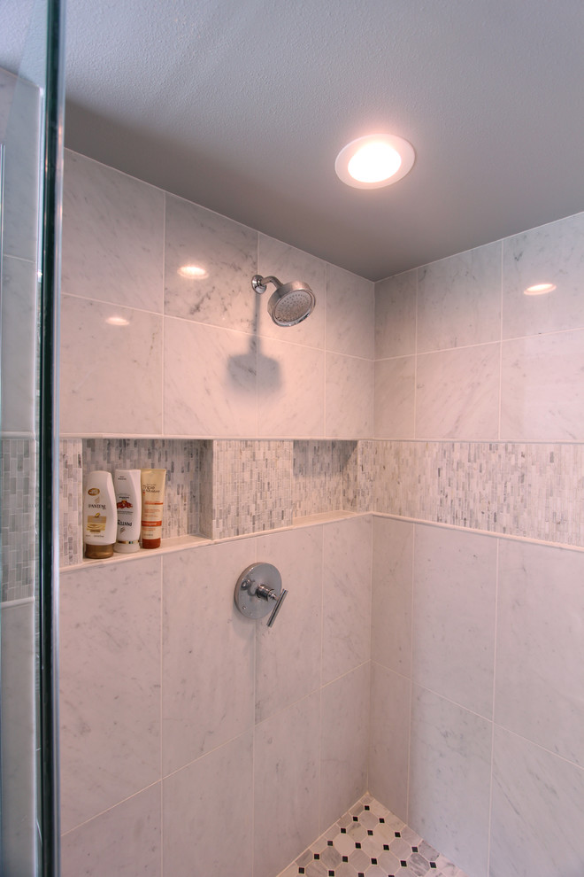 Design ideas for a mid-sized transitional master bathroom in Other with flat-panel cabinets, dark wood cabinets, a freestanding tub, an alcove shower, a two-piece toilet, white tile, stone tile, grey walls, slate floors, an undermount sink and engineered quartz benchtops.