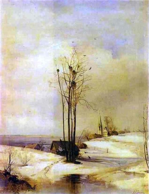 28" PRINT Winter by Savrasov ANTIQUE MUSEUM ART COTTAGE VIEW