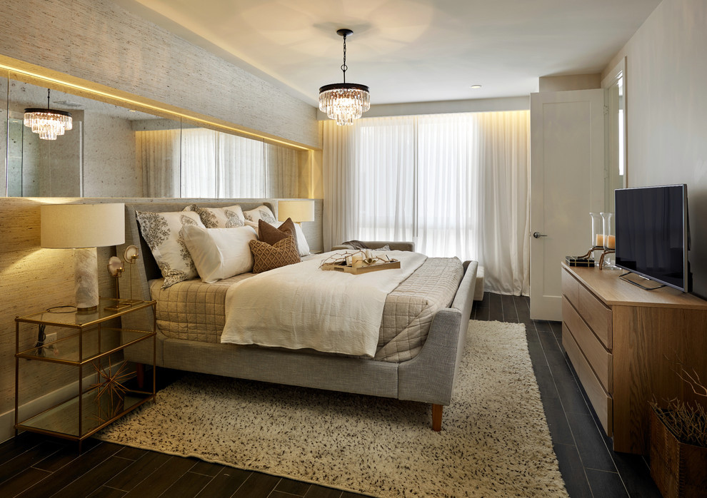Large transitional master porcelain tile bedroom photo in Miami with gray walls