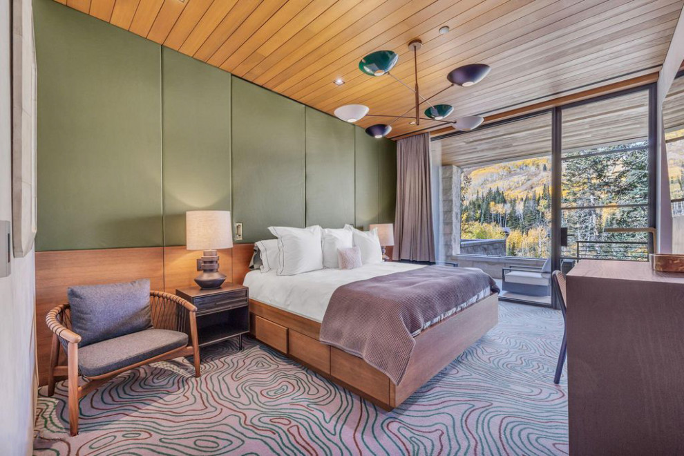 Mid-sized modern guest bedroom in Salt Lake City with multi-coloured walls, carpet, multi-coloured floor and panelled walls.