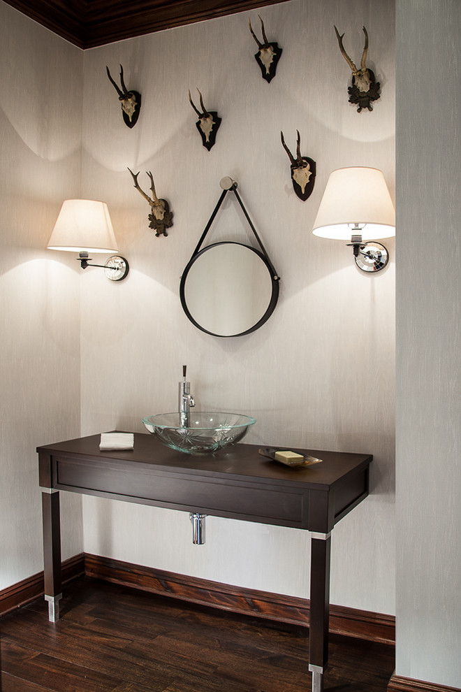 Design ideas for a contemporary powder room in Detroit with a vessel sink.