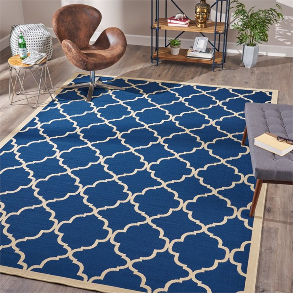 Noble House Serafin 130x94" Indoor Fabric Geometric Area Rug in Navy and Ivory