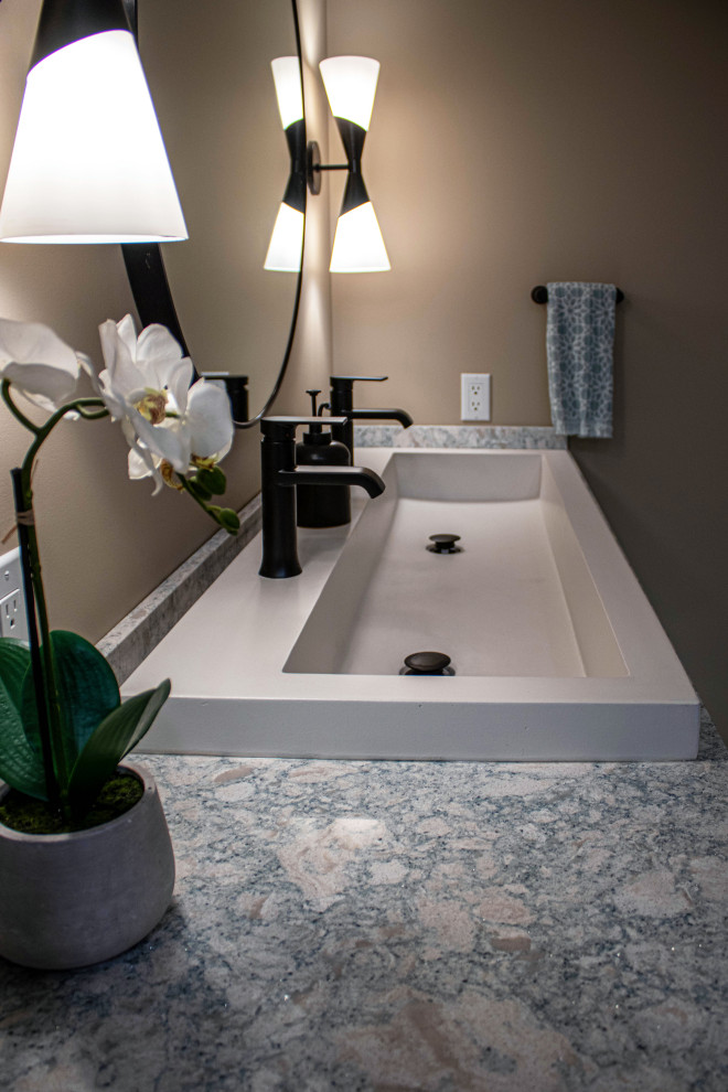 Blue and White Transitional Guest Bathroom with Floating Vanity and ...
