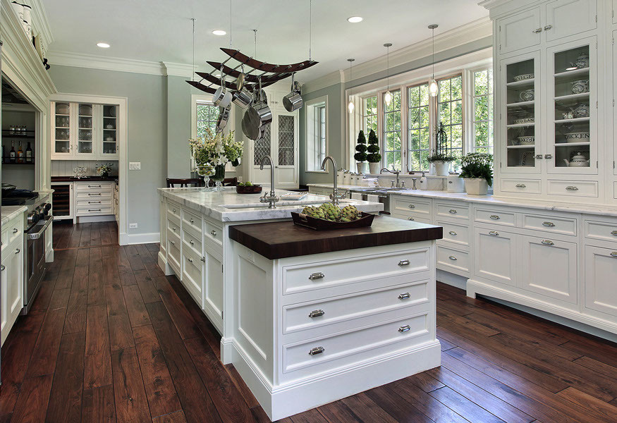 Inspiration for a large transitional u-shaped kitchen remodel with recessed-panel cabinets, white cabinets and an island