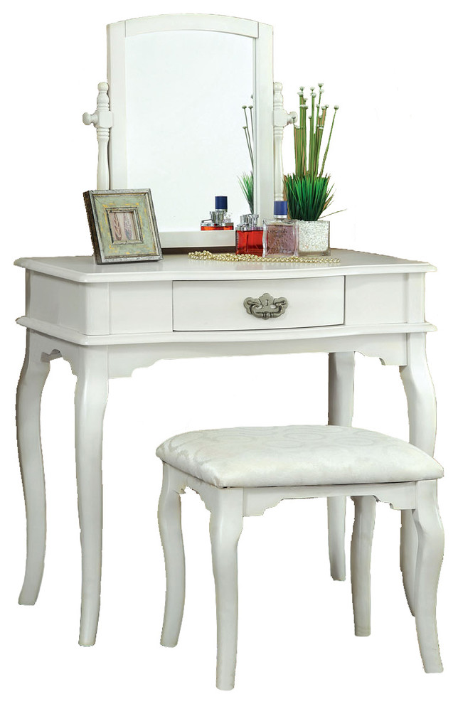Large Swivel Mirror Make-Up Table, Upholstered Stool 3-Piece Vanity Set, White