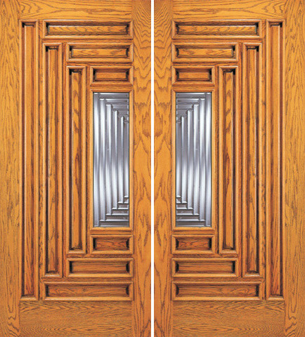 Modern Exterior Double Door, 9 Panel 1 Lite, Solid Mahogany