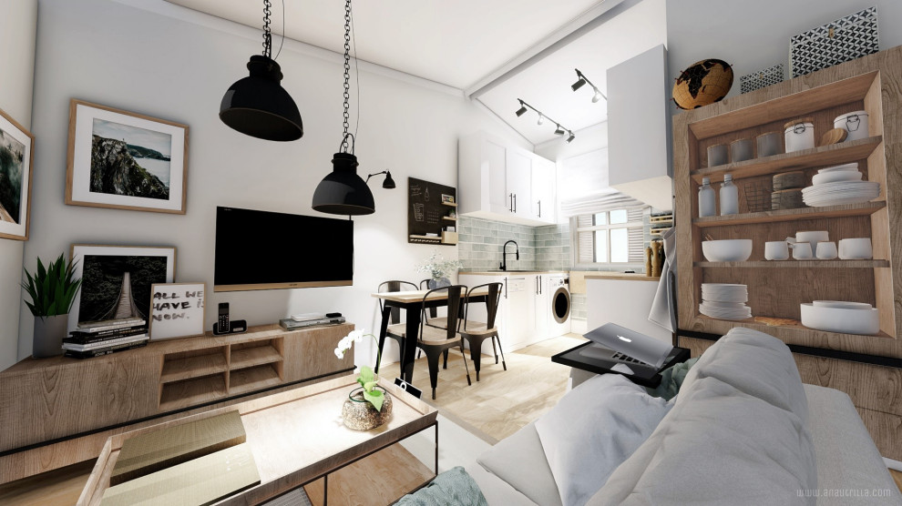 Diseño de sala de estar tipo loft industrial de tamaño medio sin chimenea con paredes grises, suelo de madera en tonos medios y televisor colgado en la pared