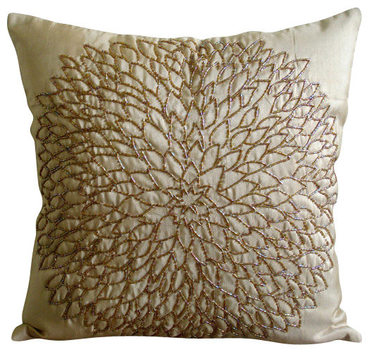 Beaded Medallion Flower 14"x14" Art Silk Gold Accent Pillows, Gold Blossomings