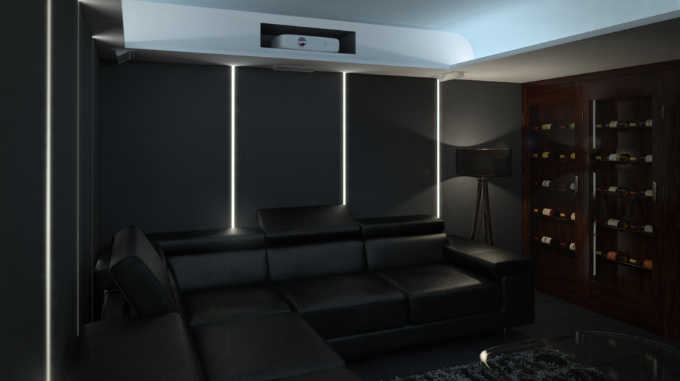 Photo of a large modern open concept home theatre in London with grey walls, slate floors and a projector screen.