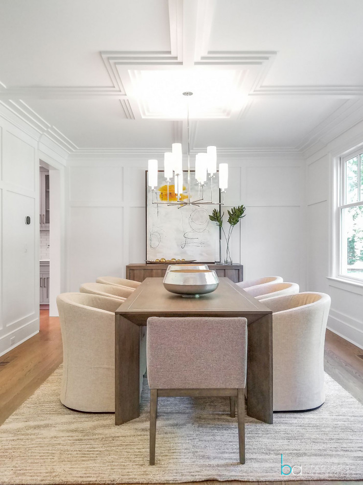 Mid-sized contemporary separate dining room in New York with white walls, medium hardwood floors, brown floor, coffered and panelled walls.