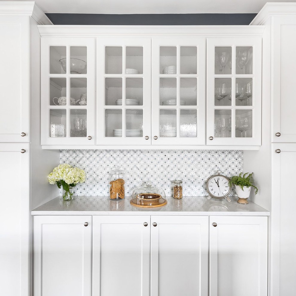 Inspiration for a traditional eat-in kitchen in Minneapolis with an undermount sink, white cabinets, quartzite benchtops, grey splashback, subway tile splashback, with island and blue benchtop.