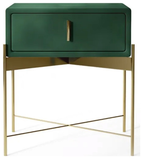 Green Bedroom Nightstand with Drawer Velvet Upholstered and Stainless Steel Base