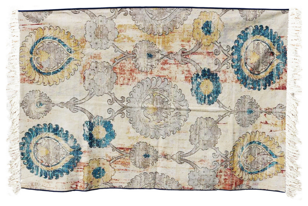 Cotton Dhurrie Rug with Fringes and Scrolled Floral Print, Multicolor