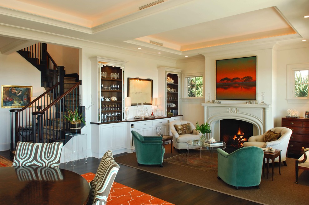 Inspiration for a contemporary living room in Charleston with white walls and a home bar.