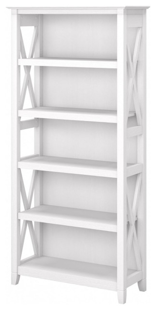 Bookcase, Wooden Frame With X Shaped Side Panels & 5 Open Shelves, Pure White