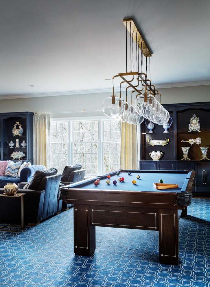 Inspiration for a transitional family room in New York with a game room, beige walls, carpet and blue floor.