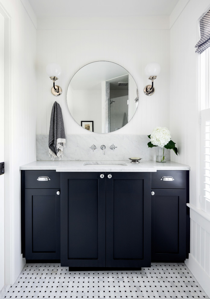 Inspiration for a small traditional 3/4 bathroom in Other with shaker cabinets, black cabinets, gray tile, marble, white walls, an undermount sink, marble benchtops, multi-coloured floor, grey benchtops and mosaic tile floors.