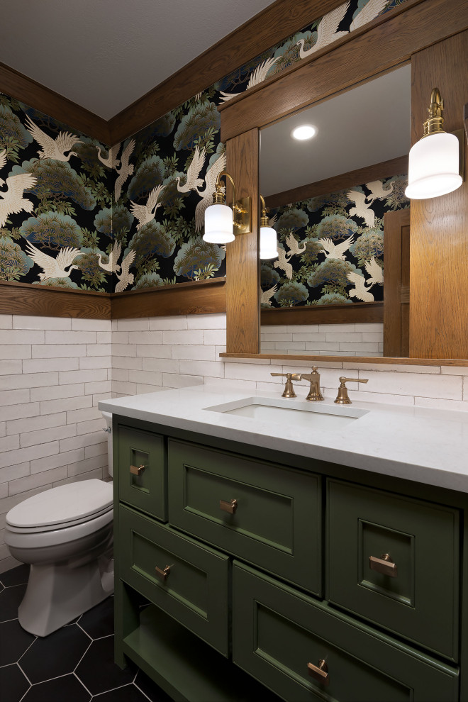 Design ideas for a medium sized traditional cloakroom in Oklahoma City with all styles of cabinet, green cabinets, all types of wall tile, slate flooring, a submerged sink, engineered stone worktops, black floors, white worktops, a built in vanity unit and wallpapered walls.