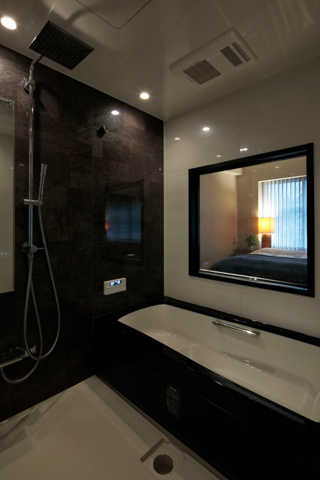Photo of a mid-sized modern master bathroom in Tokyo with a drop-in tub, a double shower, black walls, vinyl floors, beige floor, timber and panelled walls.