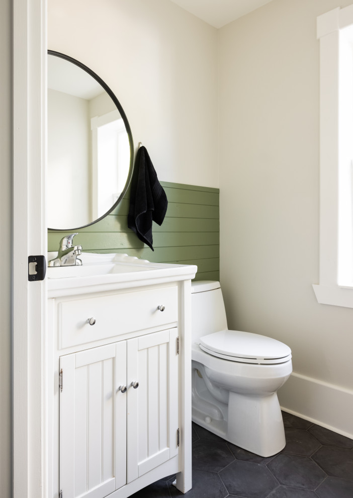 Inspiration for a small country 3/4 bathroom in Calgary with white cabinets, a one-piece toilet, green walls, dark hardwood floors, a single vanity, a freestanding vanity and planked wall panelling.