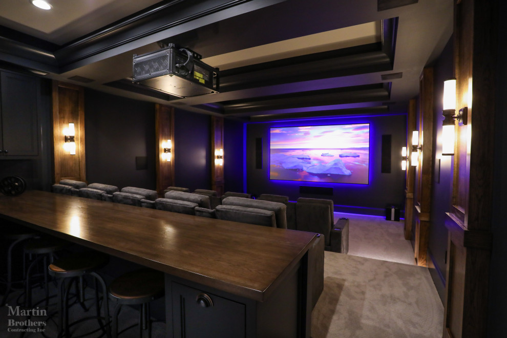 Theater Room - State of the art theater room with built-in sound system by Pro It Solutions. Cabinetry and bar by Hoosier House Furnishings, LLC. Seating for 10, plus seating at the dry bar. Solid, Hickory bar top with Hesse finish. Custom, painted Maple cabinets.

General contracting by Martin Bros. Contracting, Inc.; Architecture by Helman Sechrist Architecture; Home Design by Maple & White Design; Photography by Marie Kinney Photography.

Images are the property of Martin Bros. Contracting, Inc. and may not be used without written permission.