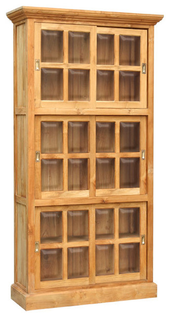 Waxed Teak Wood Riviera Bookcase With Sliding Glass Doors