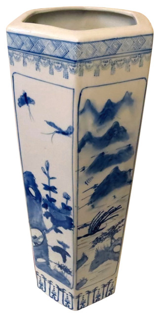 Hexagon Blue Bird Porcelain Umbrella Stand 24 Asian Coatracks Hexagon Blue Bird Porcelain Umbrella Stand 24