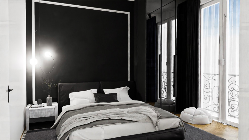 Inspiration for a mid-sized contemporary guest bedroom in Nice with black walls, laminate floors, no fireplace, beige floor and recessed.