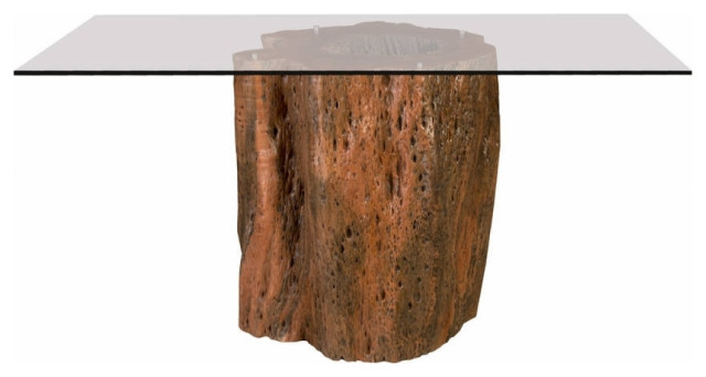 50 W Taio Dining Table Exotic Mai Theng, Glass Dining Table With Tree Stump Base