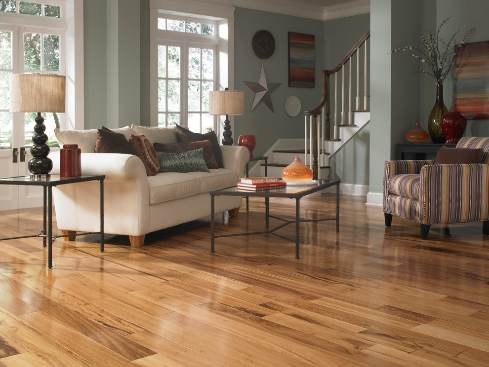 Living room - large contemporary formal and open concept light wood floor and beige floor living room idea with blue walls