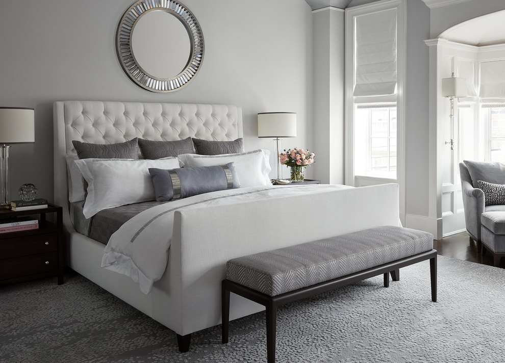 Large transitional master dark wood floor and brown floor bedroom photo in Chicago with gray walls and no fireplace