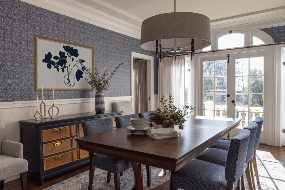 Inspiration for a mid-sized transitional separate dining room in San Francisco with wallpaper, blue walls, medium hardwood floors and recessed.