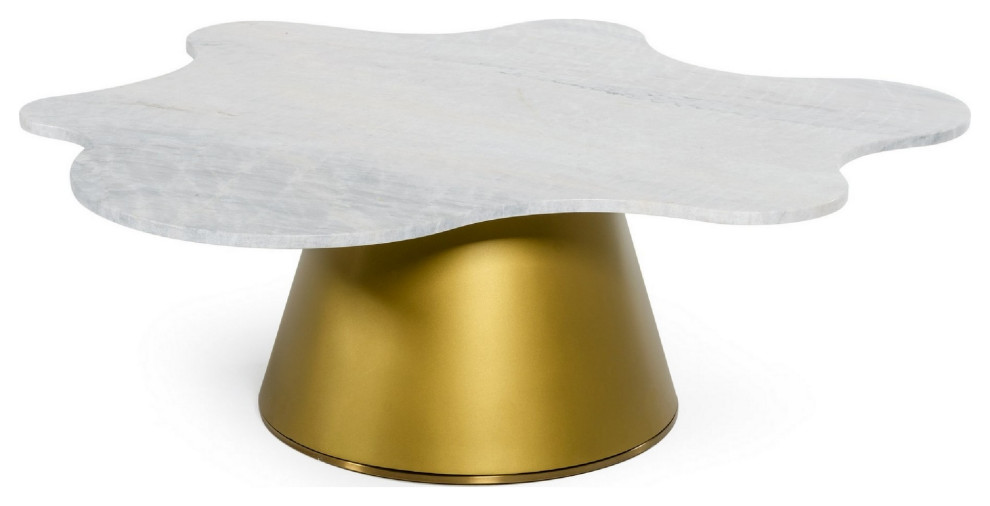 Benzara BM279273 47" Modern Coffee Table, White Marble Top, Cone Gold