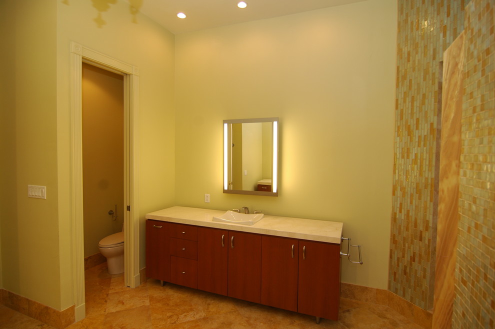Large modern master bathroom in Miami with flat-panel cabinets, medium wood cabinets, a two-piece toilet, a drop-in sink and quartzite benchtops.