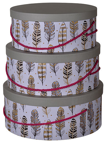 Albany Round Hat Boxes With Feather Motif Set Of 3 Contemporary