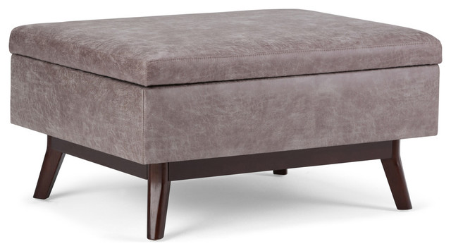 Simpli Home Owen Faux Leather Storage Coffee Table Ottoman in Gray Taupe