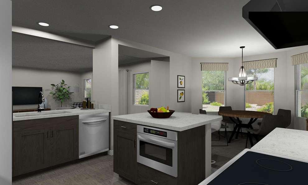 Kitchen - mid-sized transitional porcelain tile and gray floor kitchen idea in Phoenix with an undermount sink, shaker cabinets, black cabinets, quartz countertops, gray backsplash, glass tile backsplash, stainless steel appliances, an island and white countertops