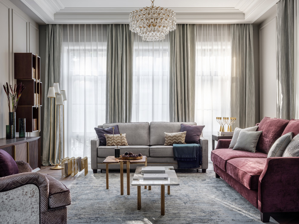 Inspiration for a transitional enclosed living room in Moscow with grey walls.