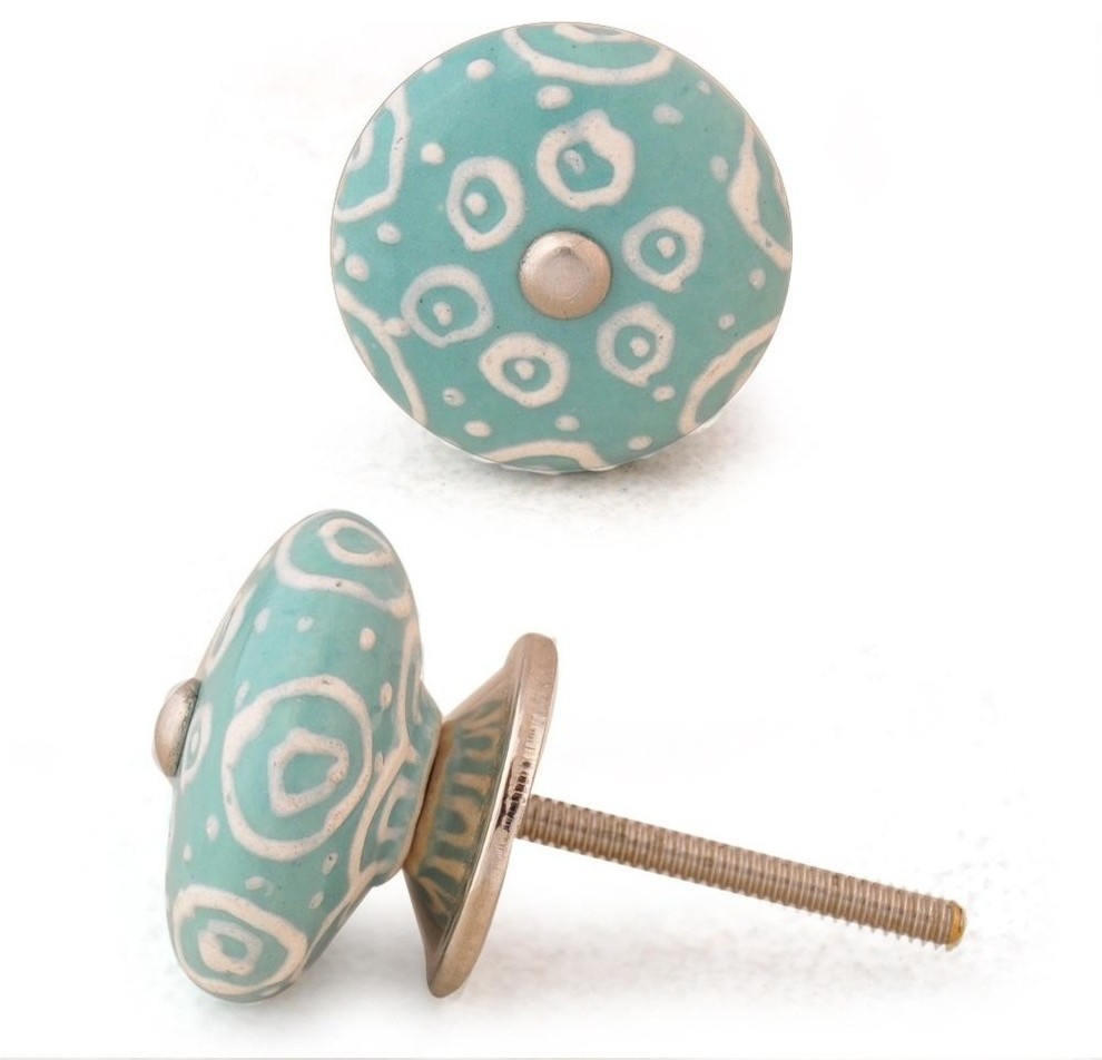 Ceramic Knobs, White With Dark Sea Green Base, Set of 2 And